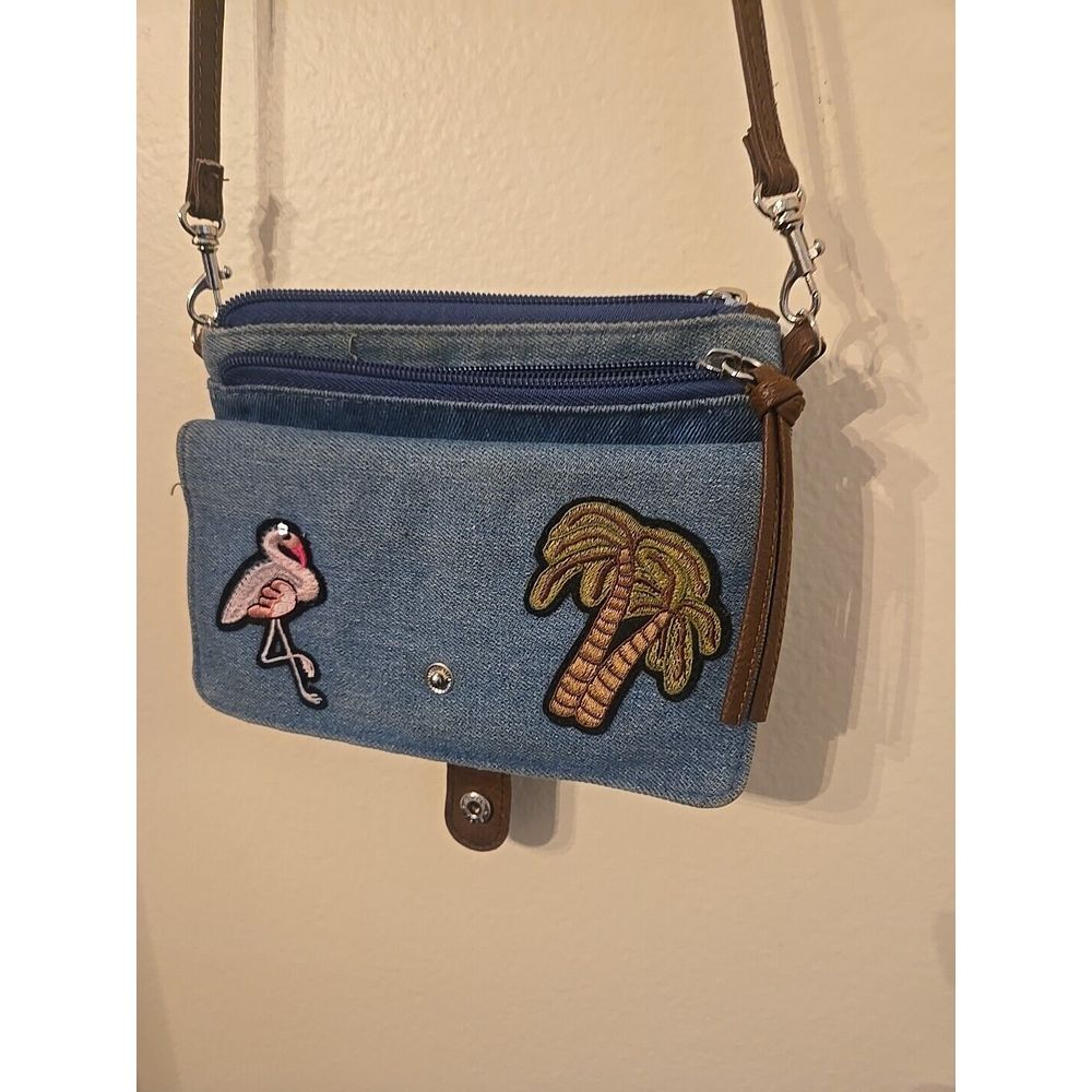 1990's Vintage Blue Denim Handmade Clutch W/shoulder Strap Tropical Theme